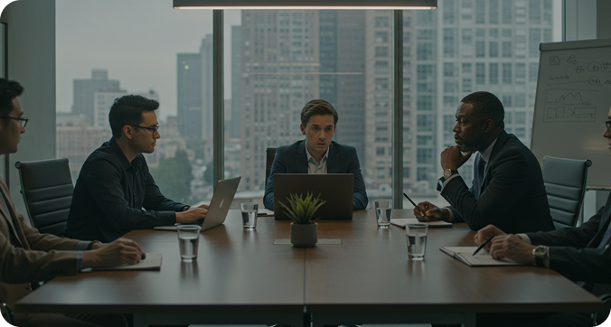 Investidores em reunião analisando oportunidades de venture capital