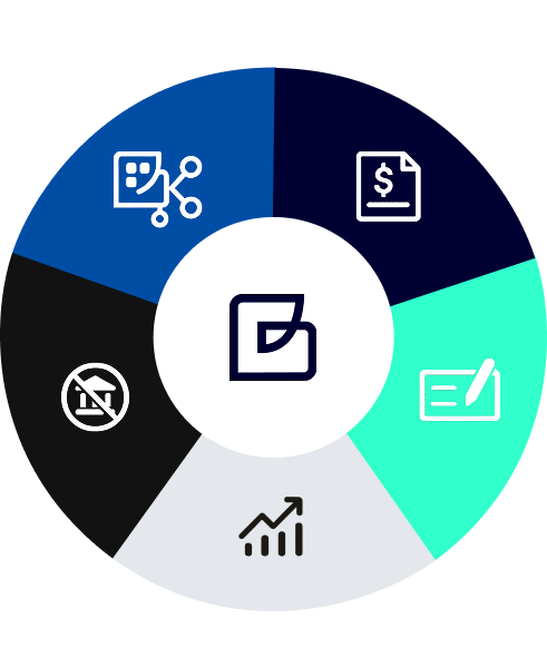 Ilustração circular da tese de investimento da Bossa Invest, dividida em cinco áreas: modelo de negócio, exclusão de GovTechs, valuation, cheques e estágio da startup.